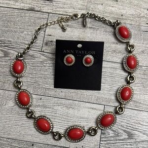 Ann Taylor Silver Tone and Coral Orange Necklace & Earring Set